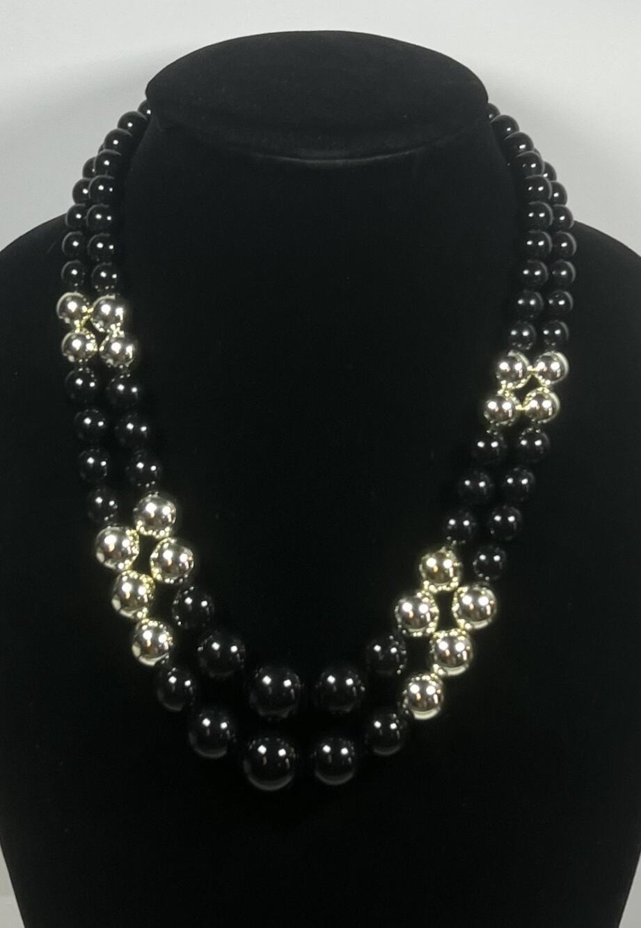 Vintage Bold Large Black & Silver Toned 2 Strand Beaded Statement Necklace
